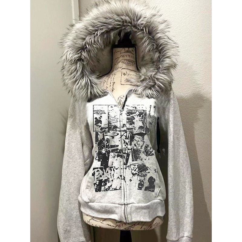 Street Fashion Zip Up Hoodie - Cinza pele do falso lã duplo