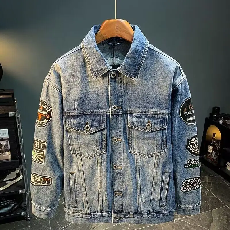 Street Fashion Jacket Men - Homens high street bordado remendo denim