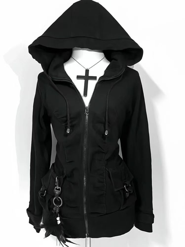 Street Fashion Zip Up Hoodie - Moletom Feminino Casual Preto, Nova Tendência