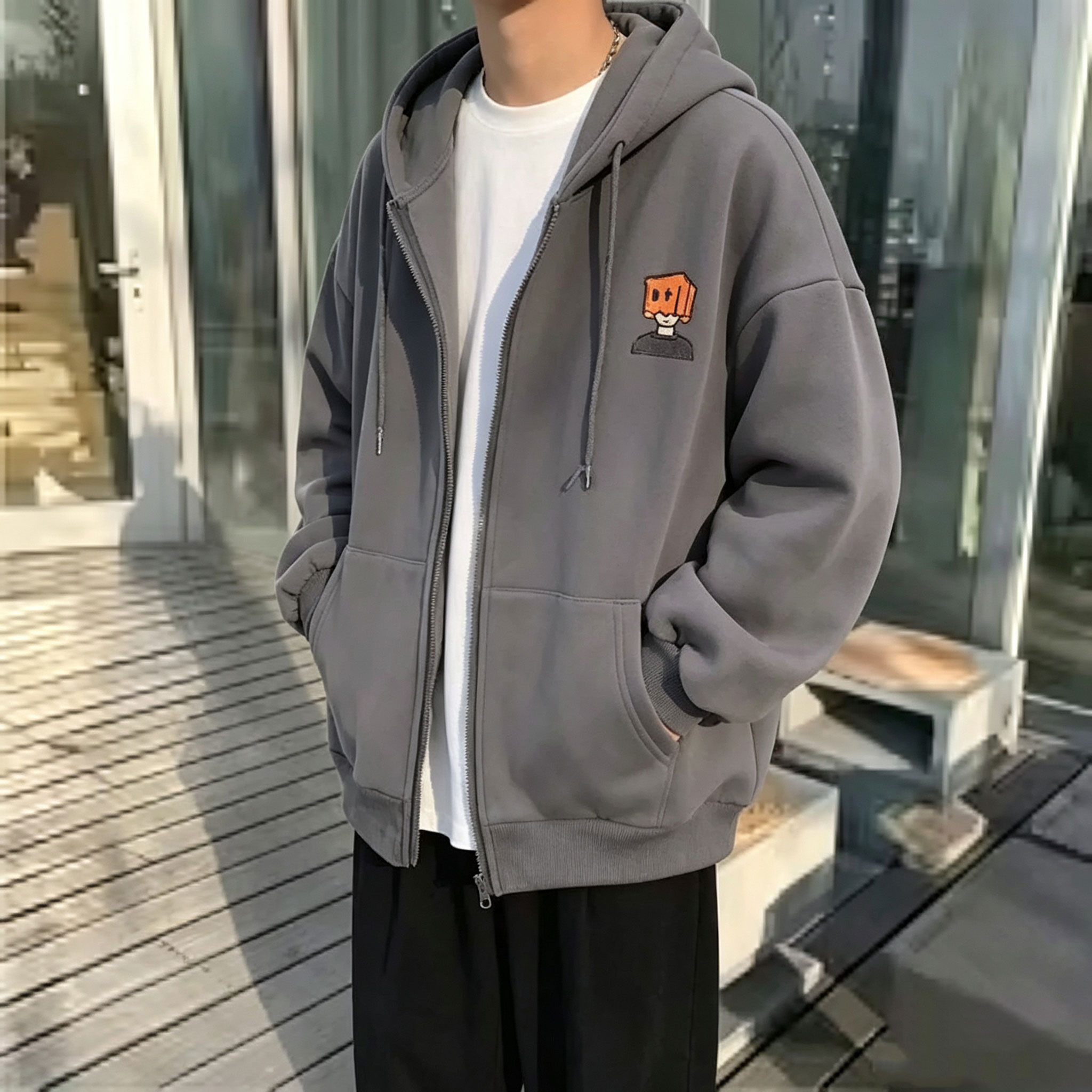 Street Fashion Zip Up Hoodie - Moletom Masculino High Street com Zíper,
