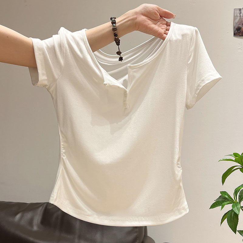 Korean Street Fashion Female - Camisetas Femininas com Gola Semiaberta e